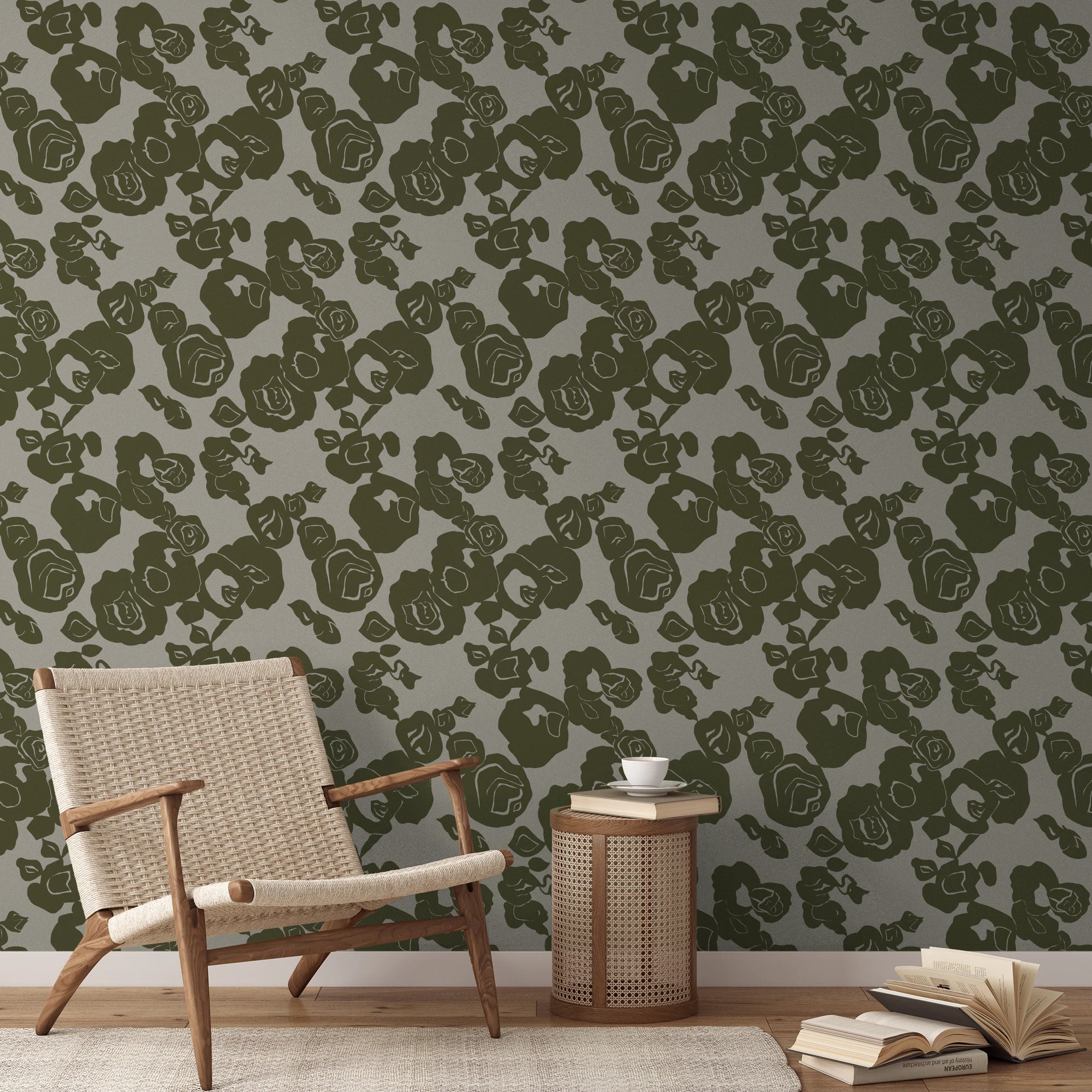 Abstract olive green floral pattern with roses and leaves on beige background