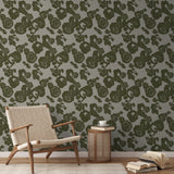 Abstract olive green floral pattern with roses and leaves on beige background
