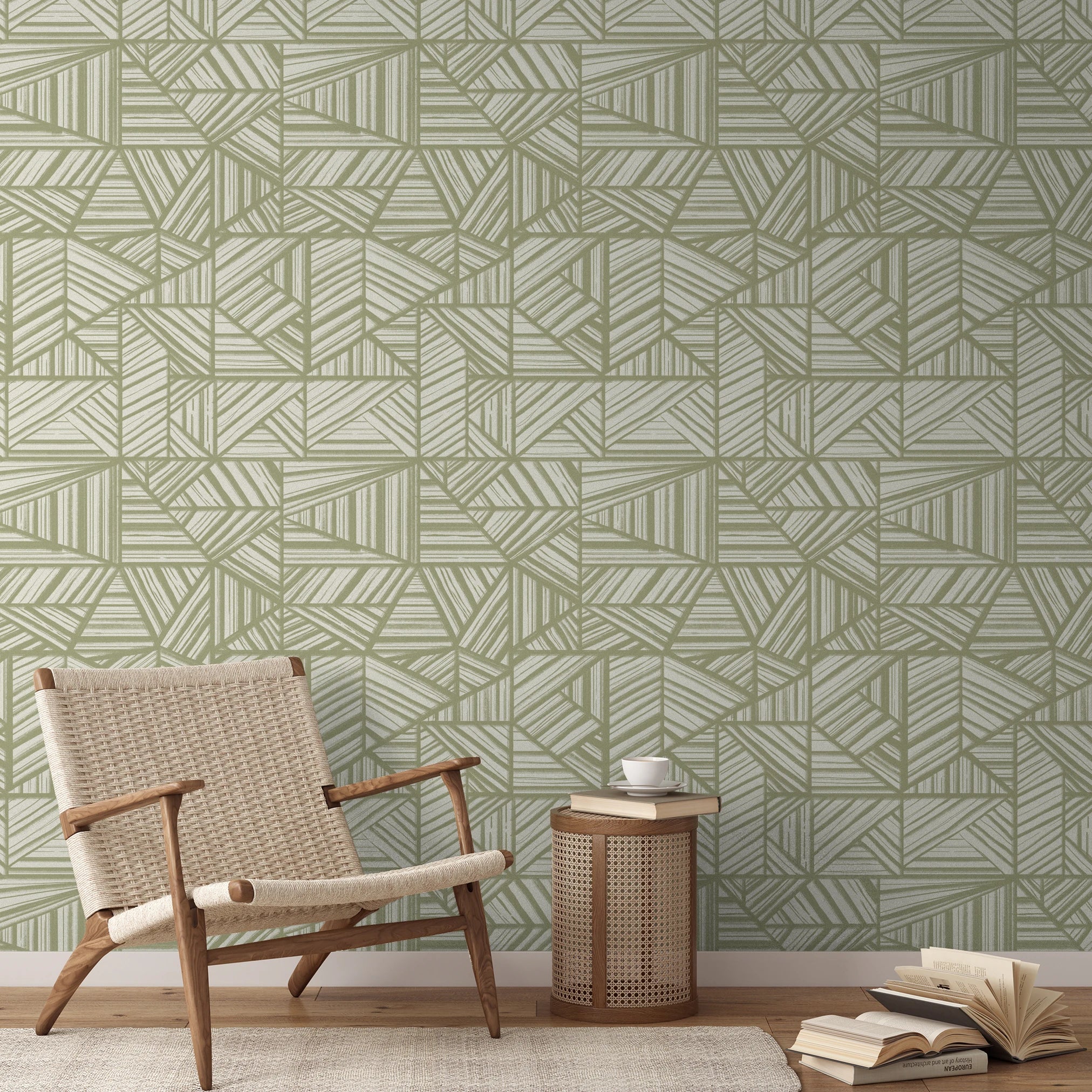 Green and cream geometric pattern with intersecting angular lines forming triangular shapes
