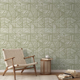 Green and cream geometric pattern with intersecting angular lines forming triangular shapes