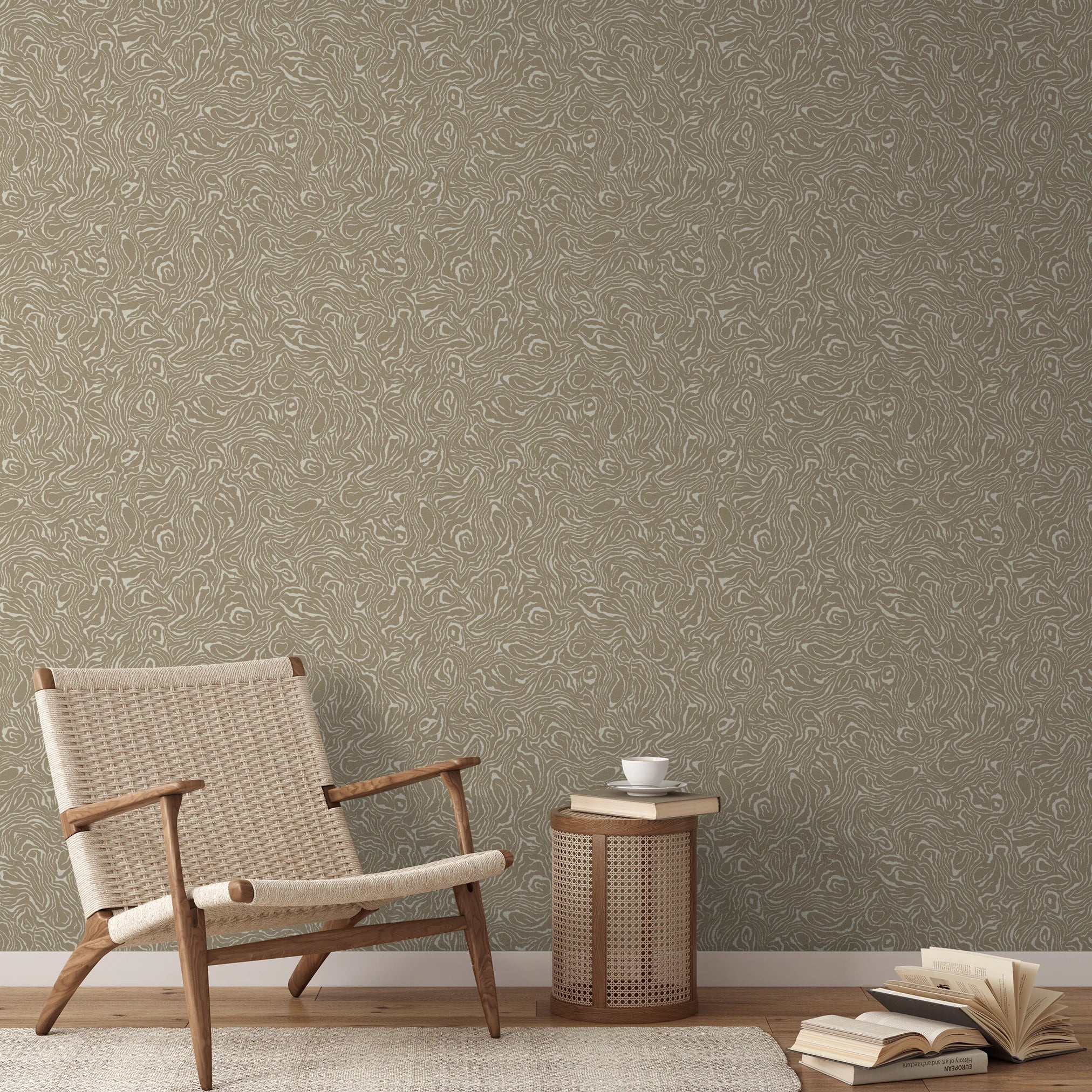 Swirling abstract pattern in tan and white resembling wood grain or marble texture