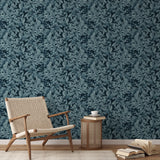 Dark blue floral lace pattern with delicate flowers and leaves on contrasting background