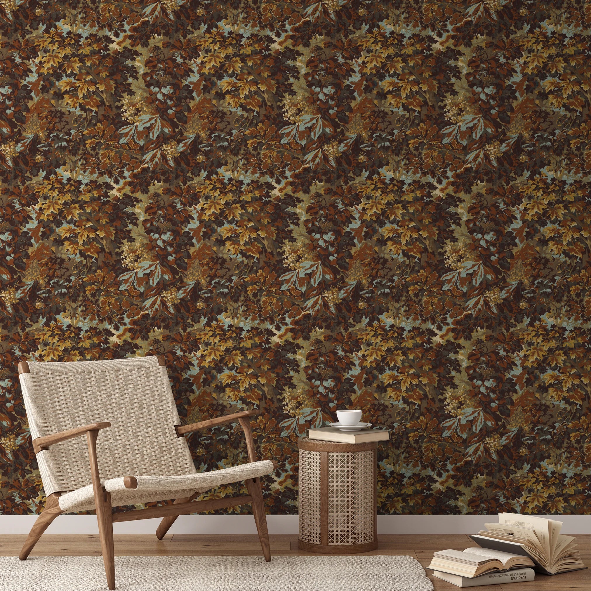 Autumn oak leaves and acorns in brown, gold, and sage green tones creating a dense fall foliage patt