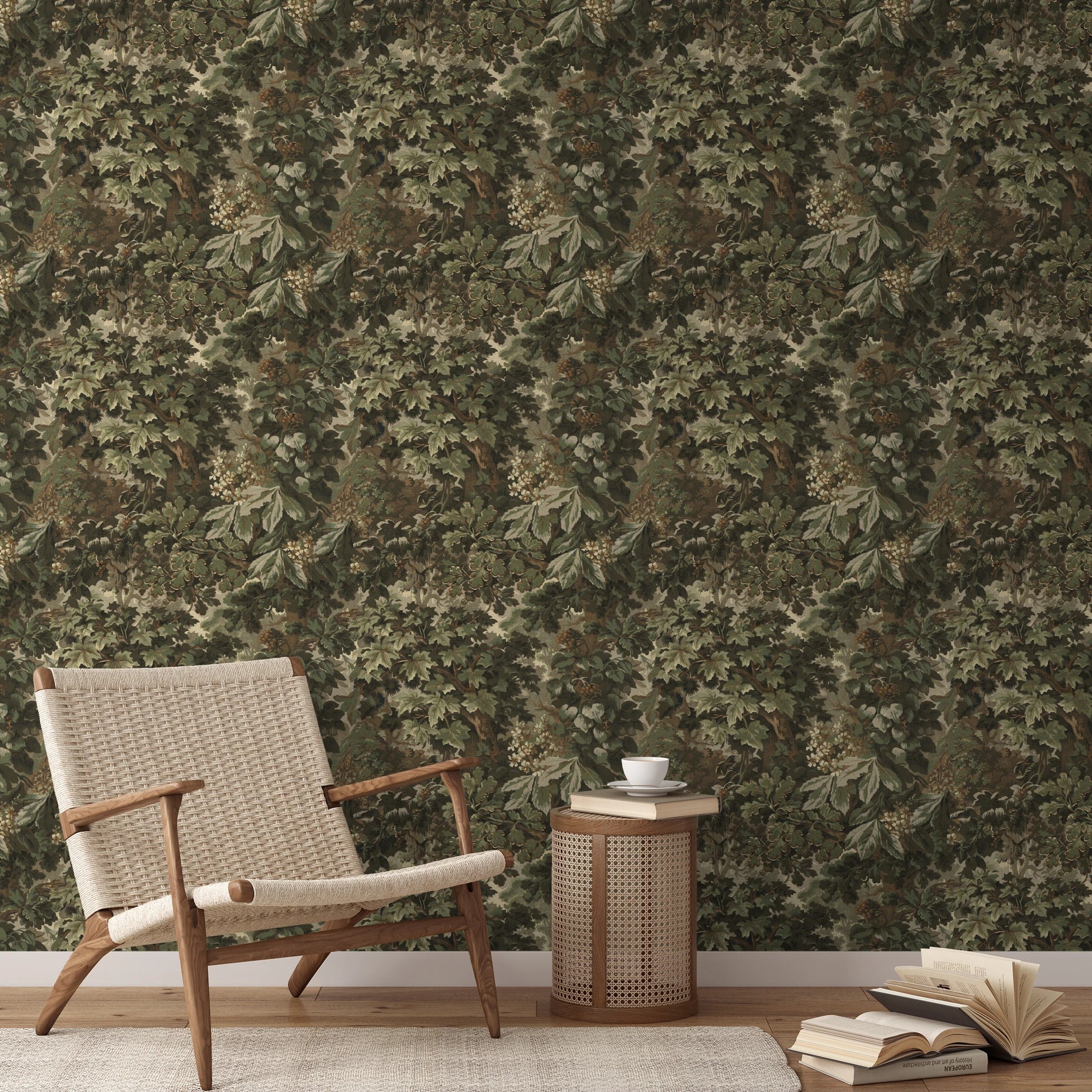 Dense vintage botanical illustration with oak leaves, grapes, and foliage in muted green and brown t