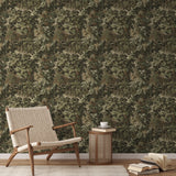 Dense vintage botanical illustration with oak leaves, grapes, and foliage in muted green and brown t