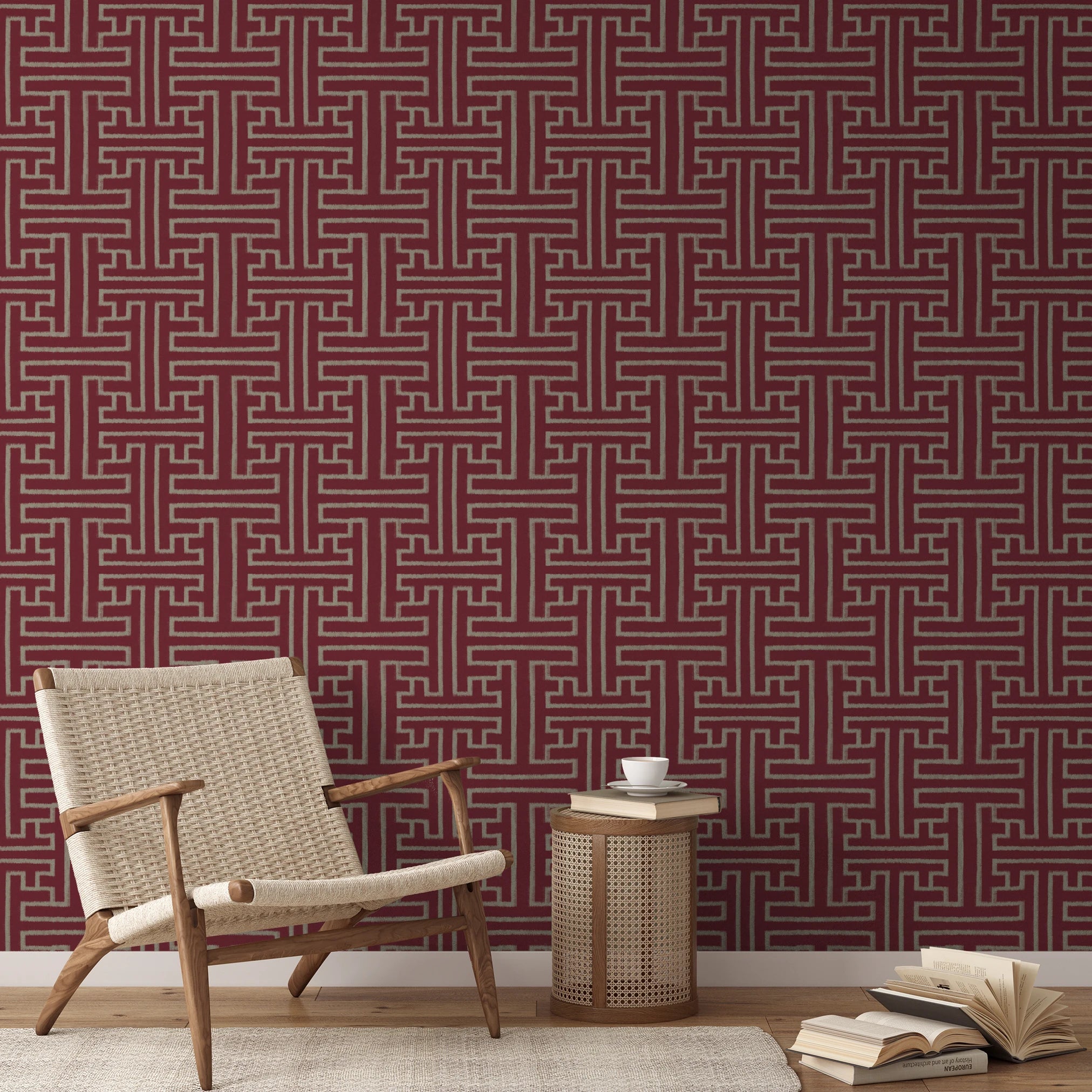 Burgundy and cream geometric Greek key pattern with symmetrical interlocking design