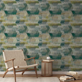 Abstract camouflage pattern in teal, gold, cream and gray with horizontal striped texture