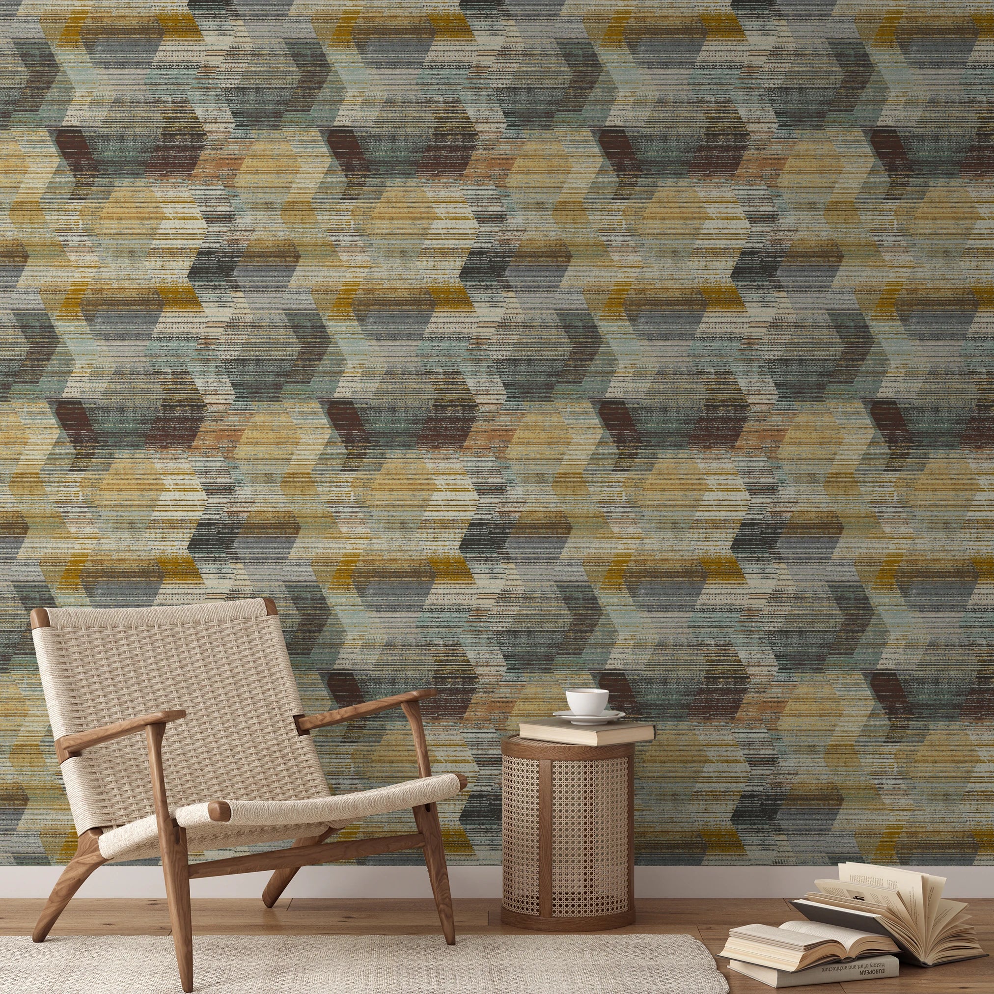 Abstract pattern with horizontal lines in gray, gold, cream, and teal creating a distressed, layered