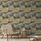 Abstract pattern with horizontal lines in gray, gold, cream, and teal creating a distressed, layered