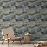 Abstract geometric pattern with horizontal lines in gray, beige, and cream tones creating a distress