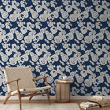 White roses pattern on dark navy blue background