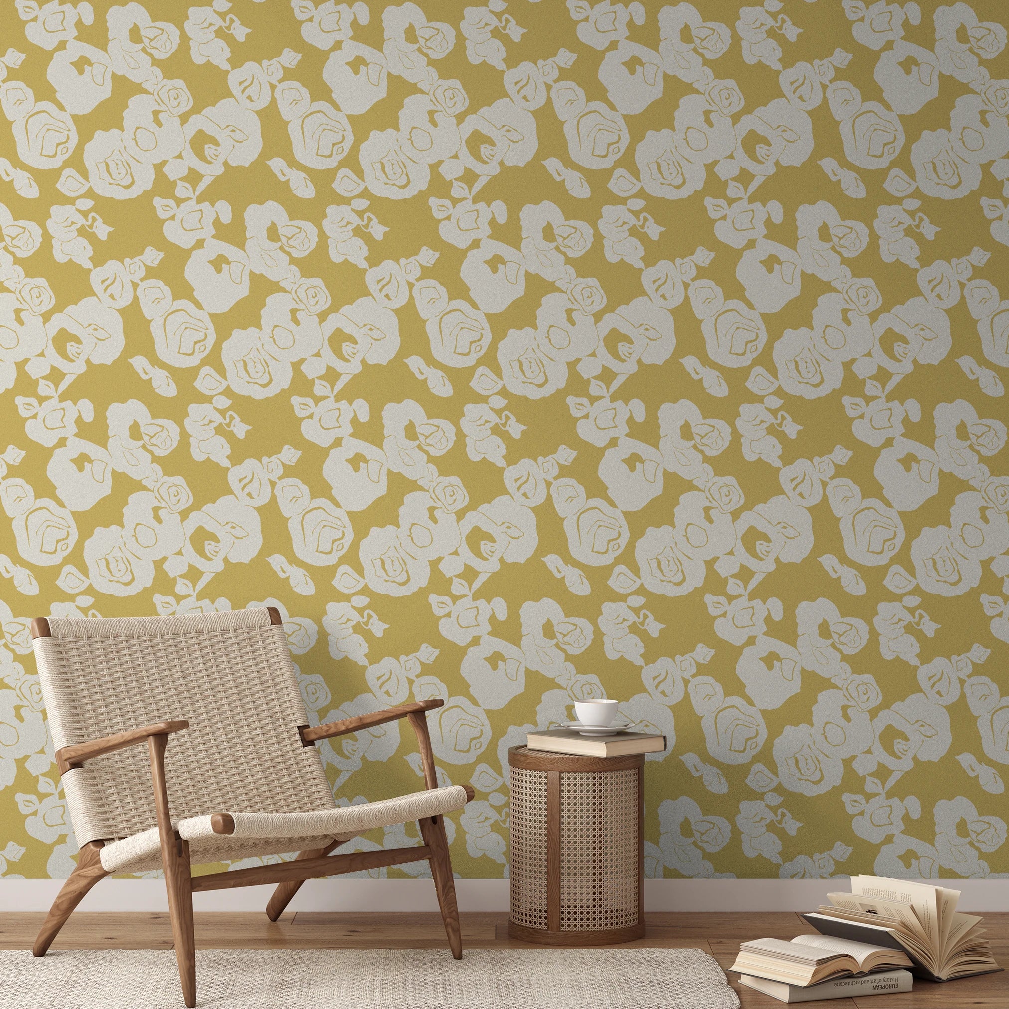 Yellow background with white floral rose pattern in vintage style