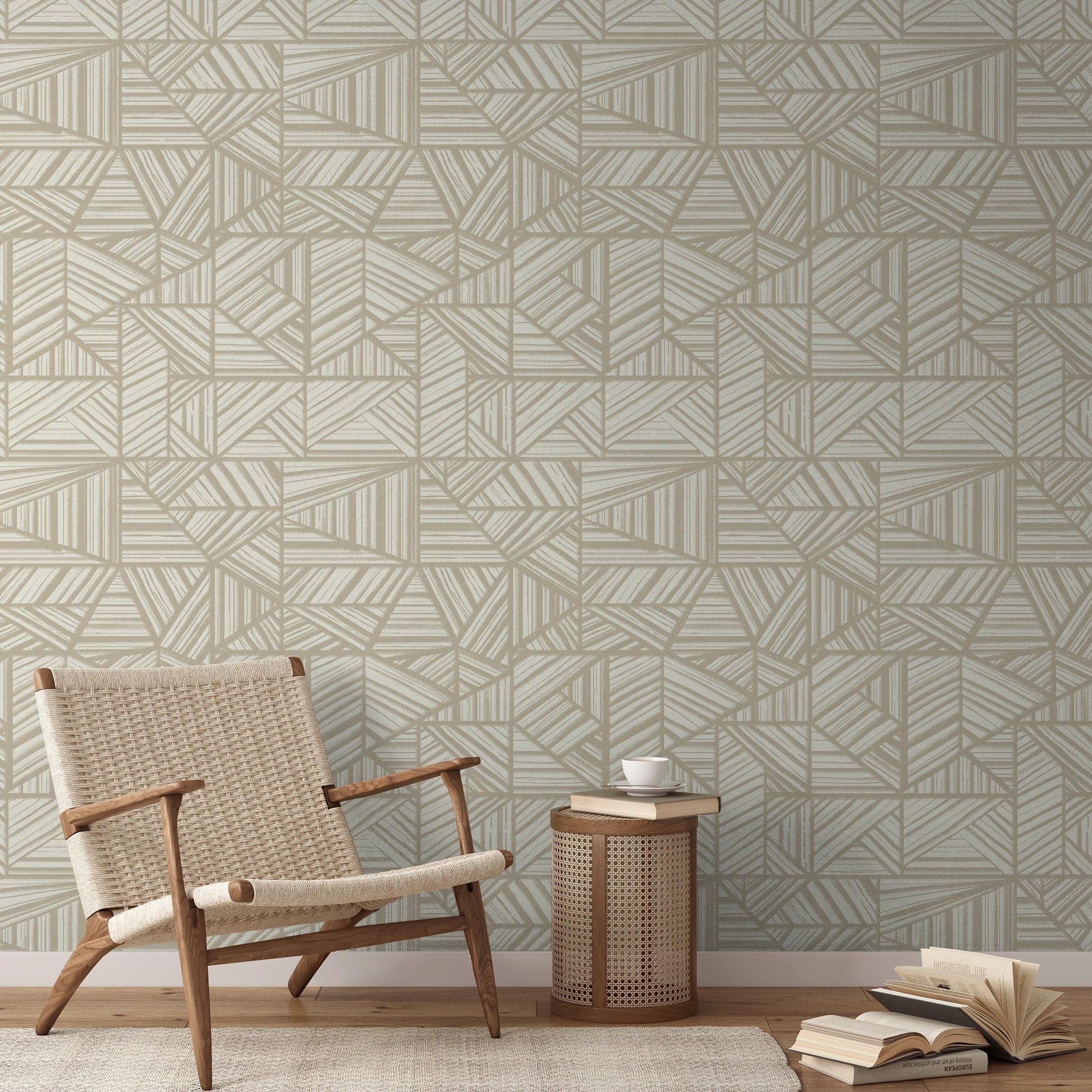 Geometric pattern with beige and cream angular lines forming abstract triangular shapes on light bac