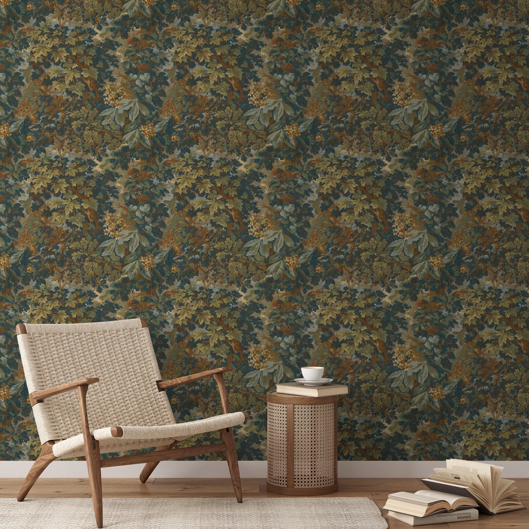 Autumn oak leaves and acorns pattern in gold, brown, and blue-gray tones