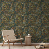 Autumn oak leaves and acorns pattern in gold, brown, and blue-gray tones