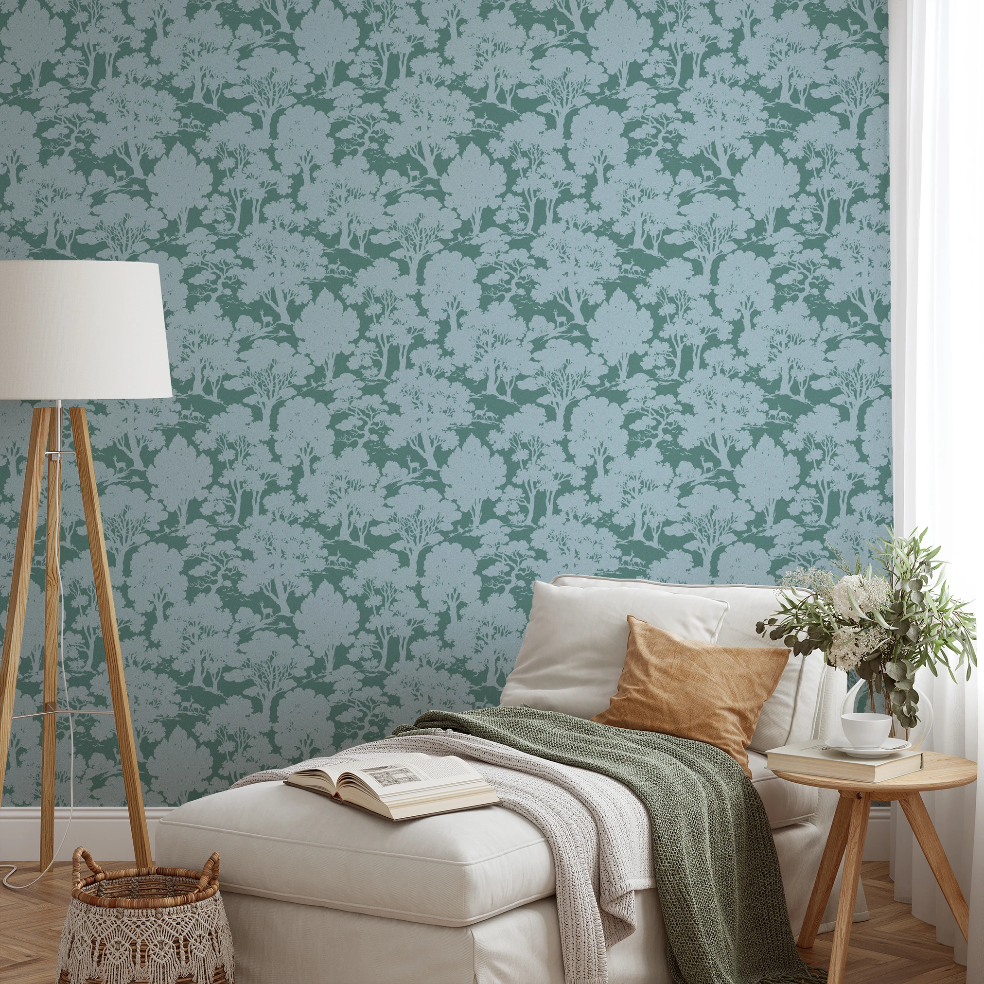 Underwater coral reef scene in sage green and light blue with silhouettes of sea life and coral form
