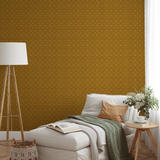 Ornate golden geometric pattern with circular motifs and horizontal stripes in warm tones