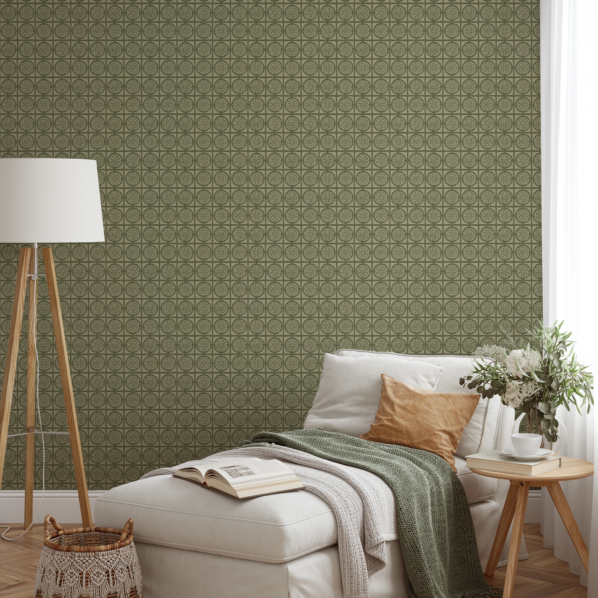 Decorative green geometric pattern on beige background with repeating ornate medallions and grid des