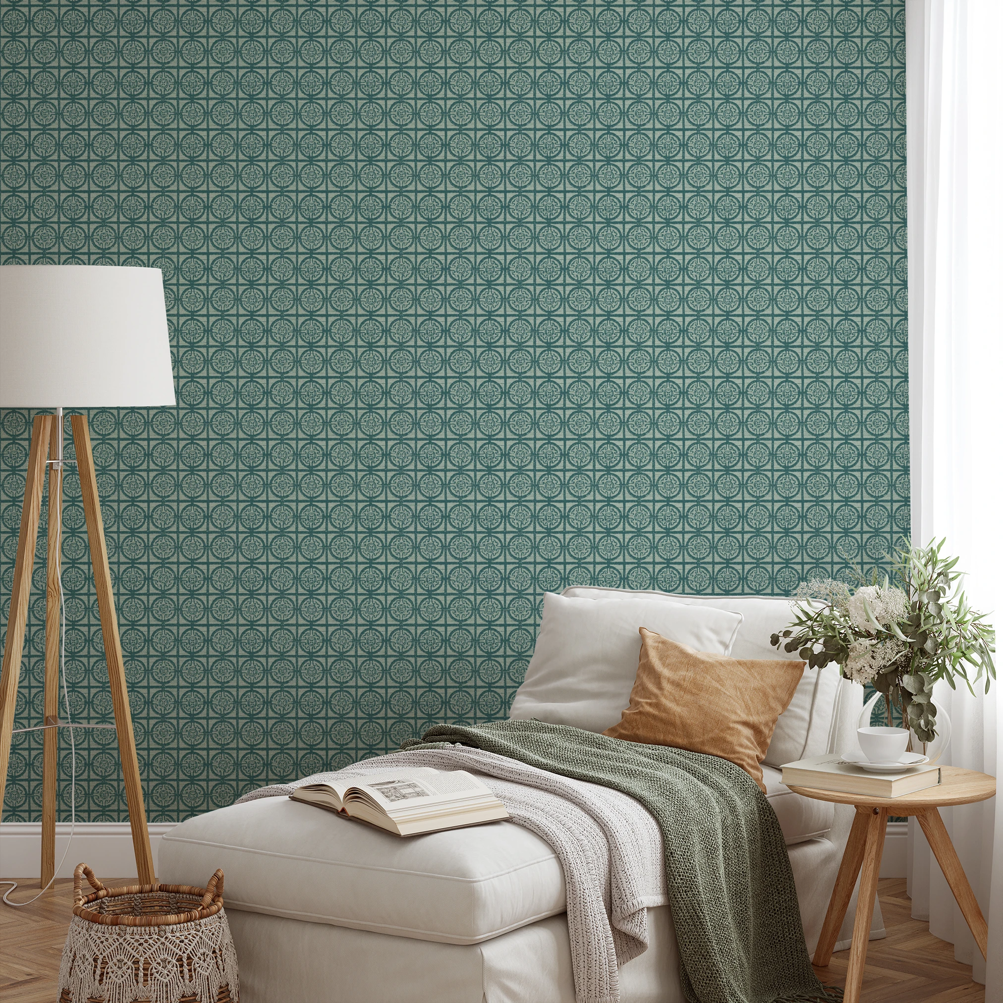 Teal geometric tile pattern with ornate circular medallions on light background