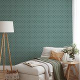 Teal geometric tile pattern with ornate circular medallions on light background