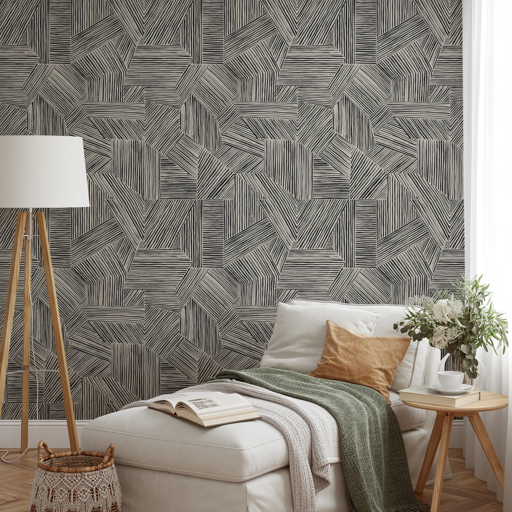 Abstract geometric pattern of intersecting black line segments forming angular shapes on white backg