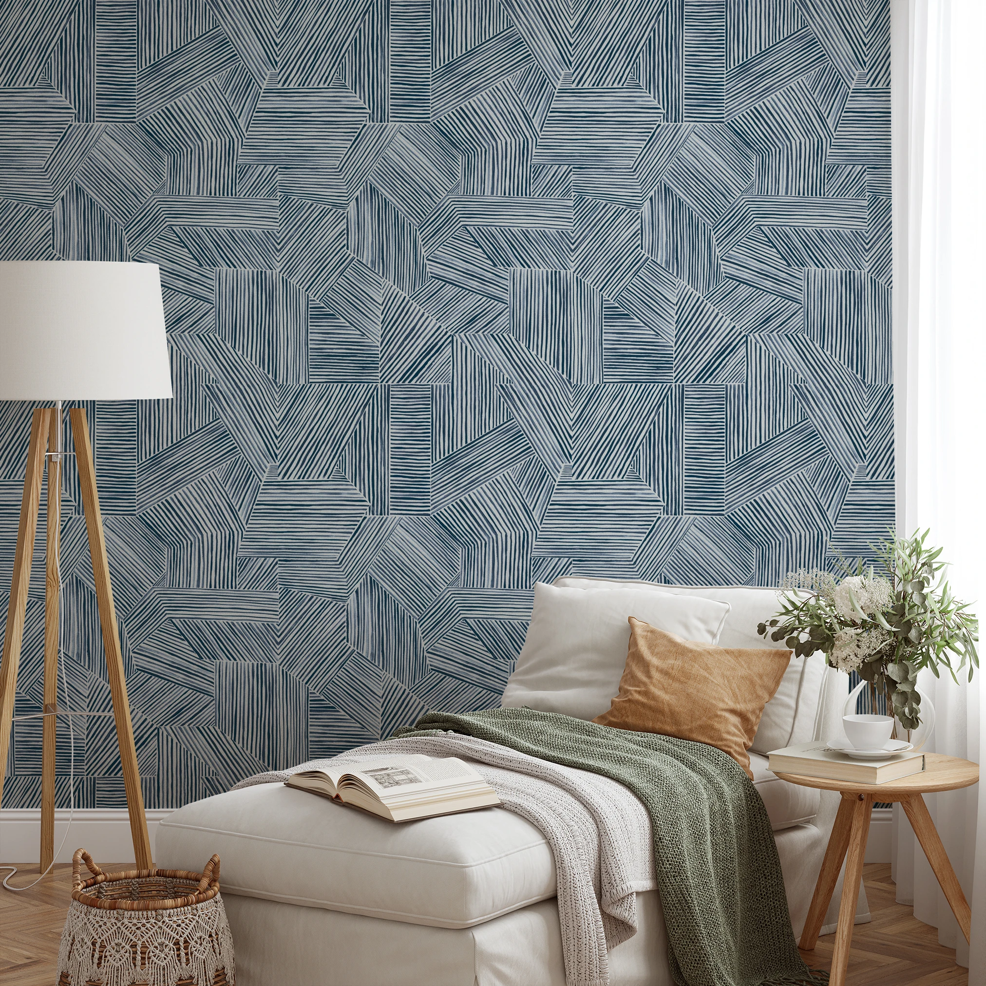 Abstract geometric pattern of intersecting diagonal and vertical lines in blue on white background