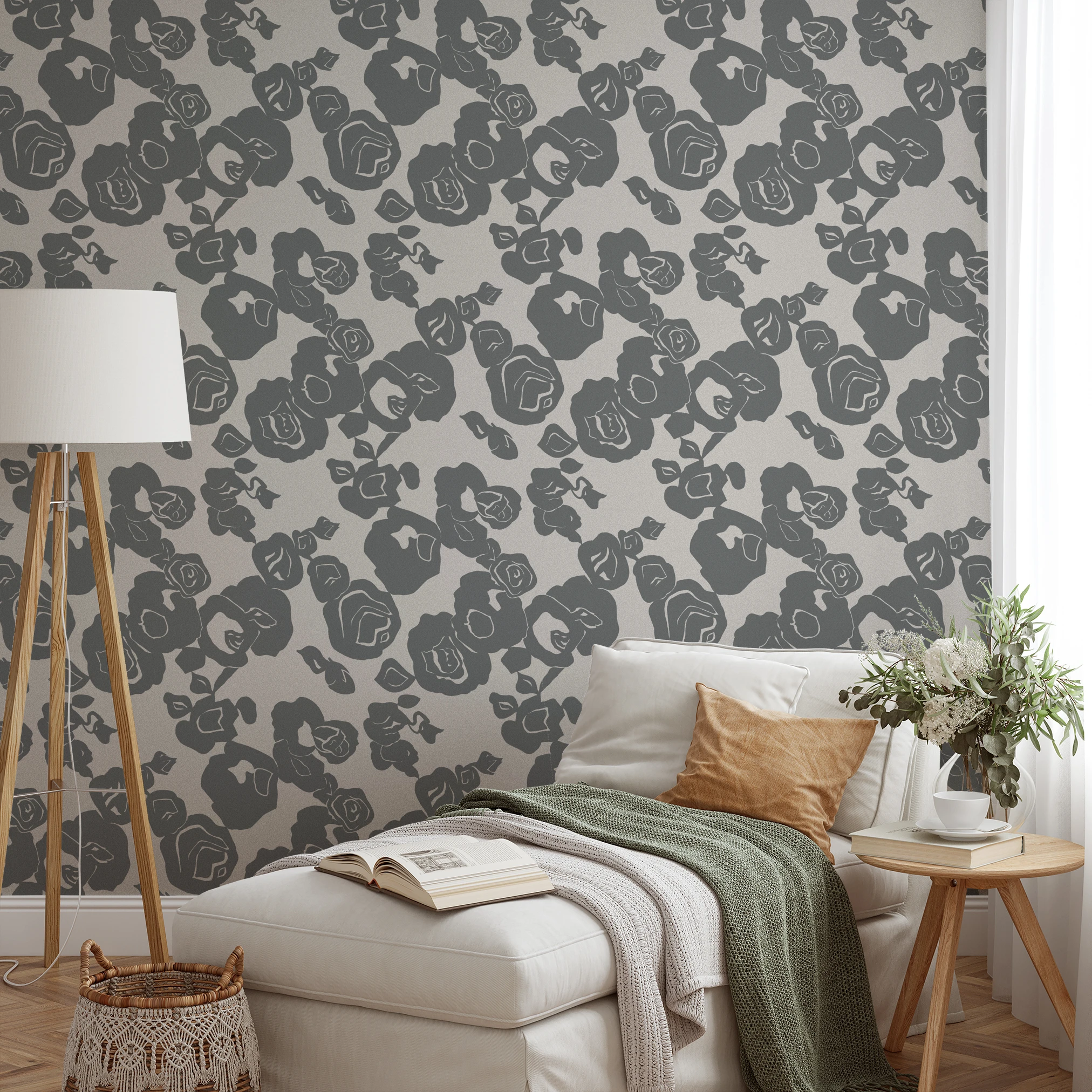 Gray floral pattern with roses on beige background in vintage style
