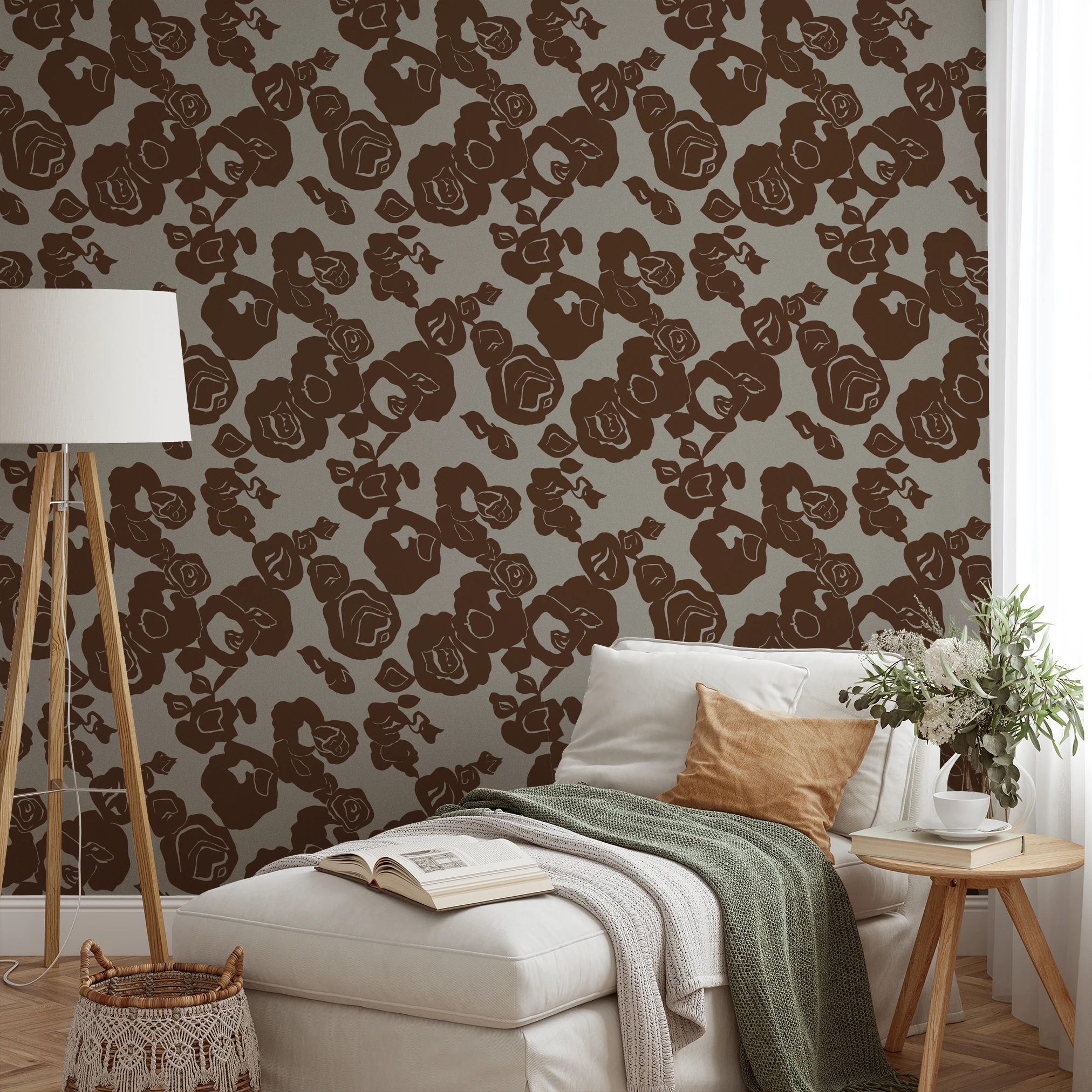 Brown floral pattern with roses and leaves on beige background