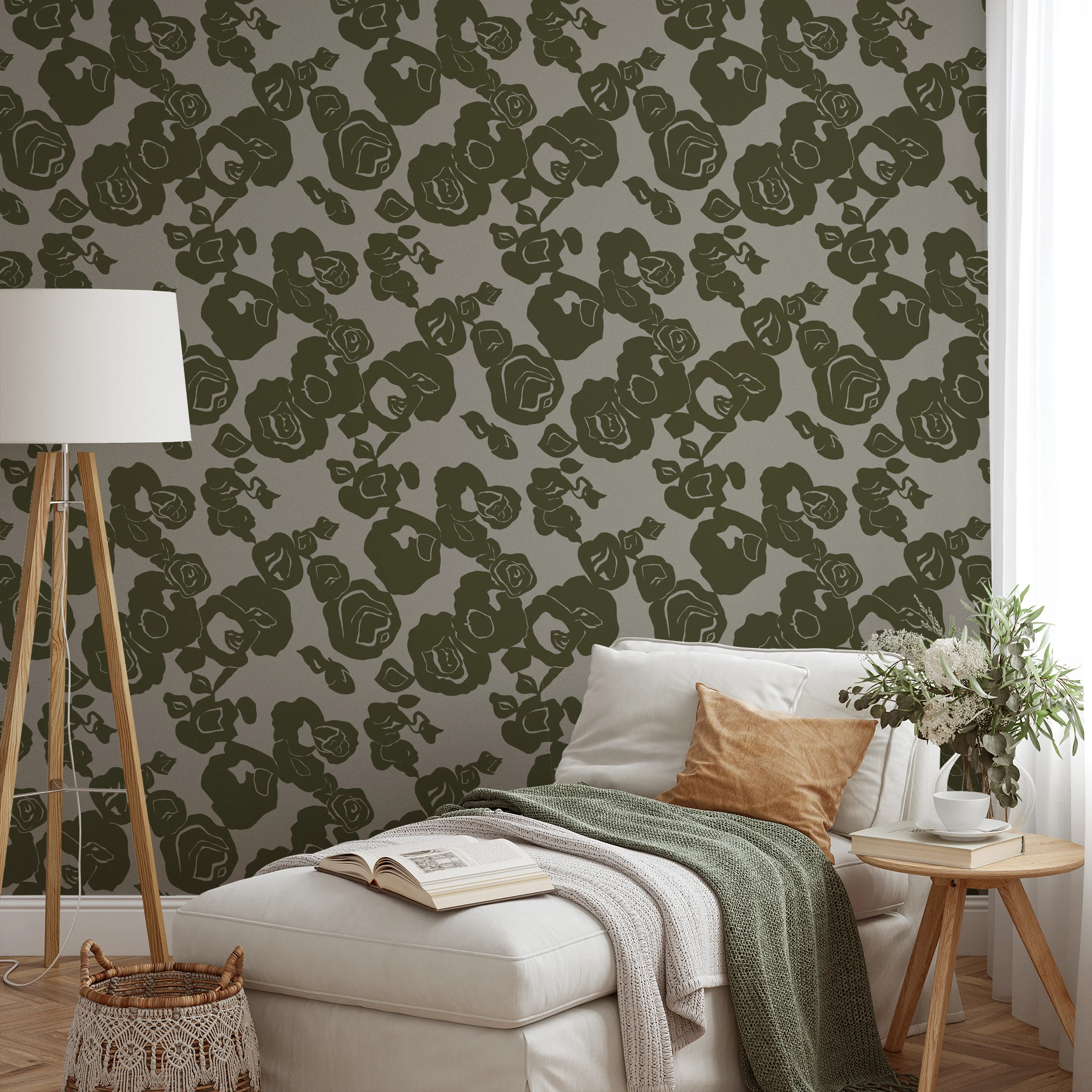 Abstract olive green floral pattern with roses and leaves on beige background