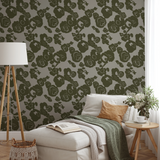 Abstract olive green floral pattern with roses and leaves on beige background