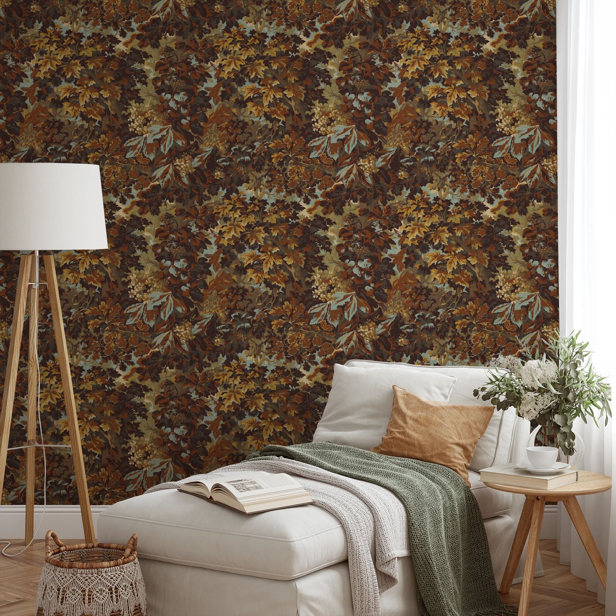 Autumn oak leaves and acorns in brown, gold, and sage green tones creating a dense fall foliage patt