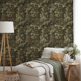 Dense vintage botanical illustration with oak leaves, grapes, and foliage in muted green and brown t