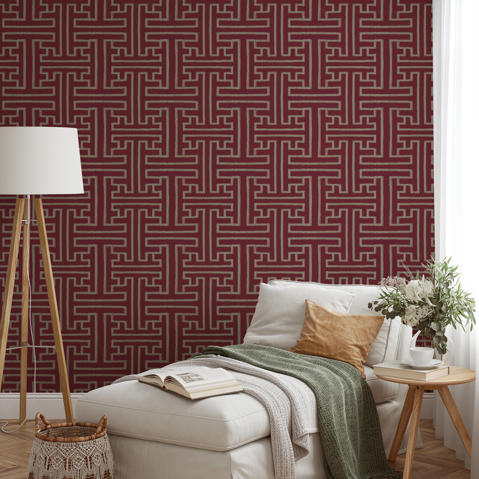 Burgundy and cream geometric Greek key pattern with symmetrical interlocking design