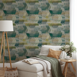 Abstract camouflage pattern in teal, gold, cream and gray with horizontal striped texture