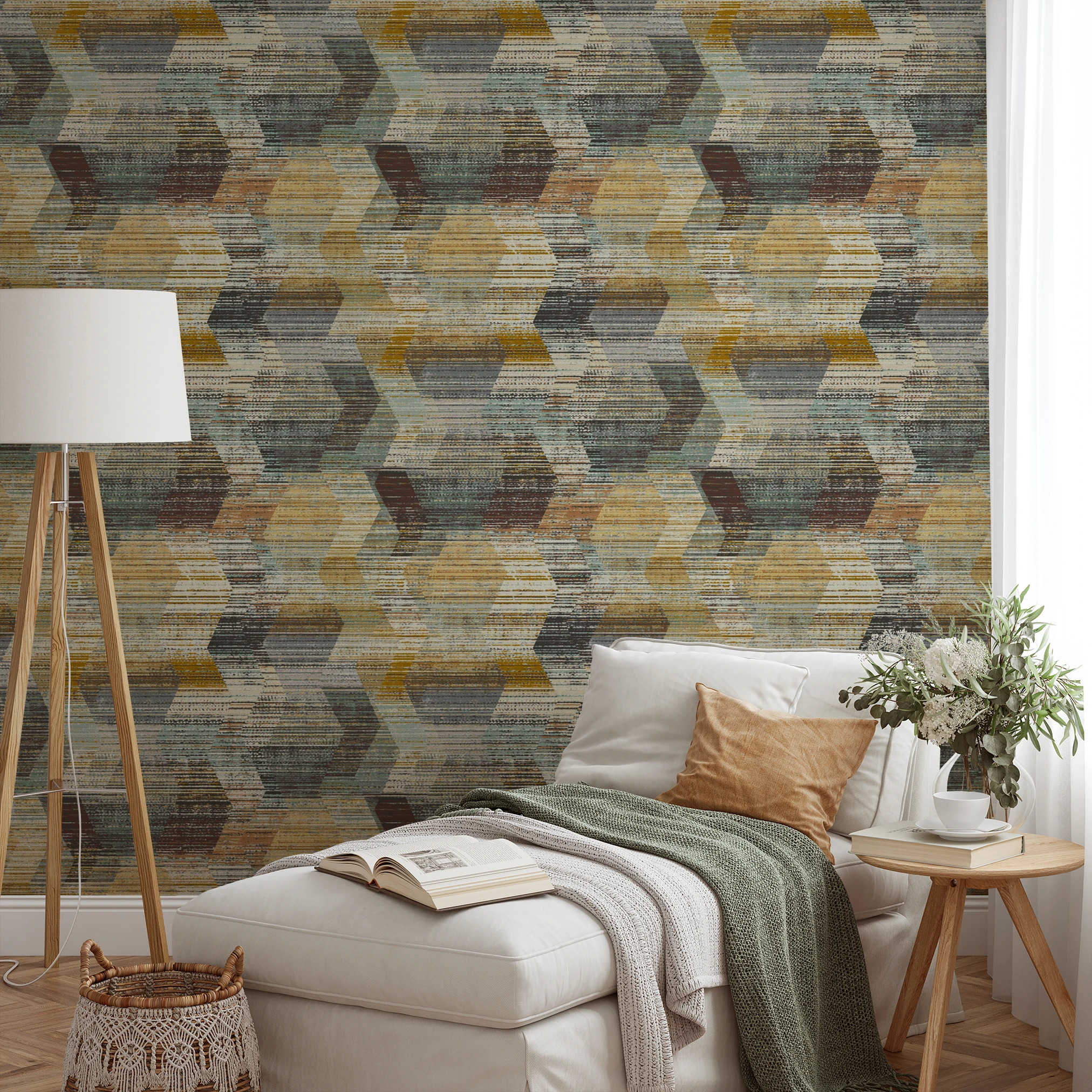 Abstract pattern with horizontal lines in gray, gold, cream, and teal creating a distressed, layered