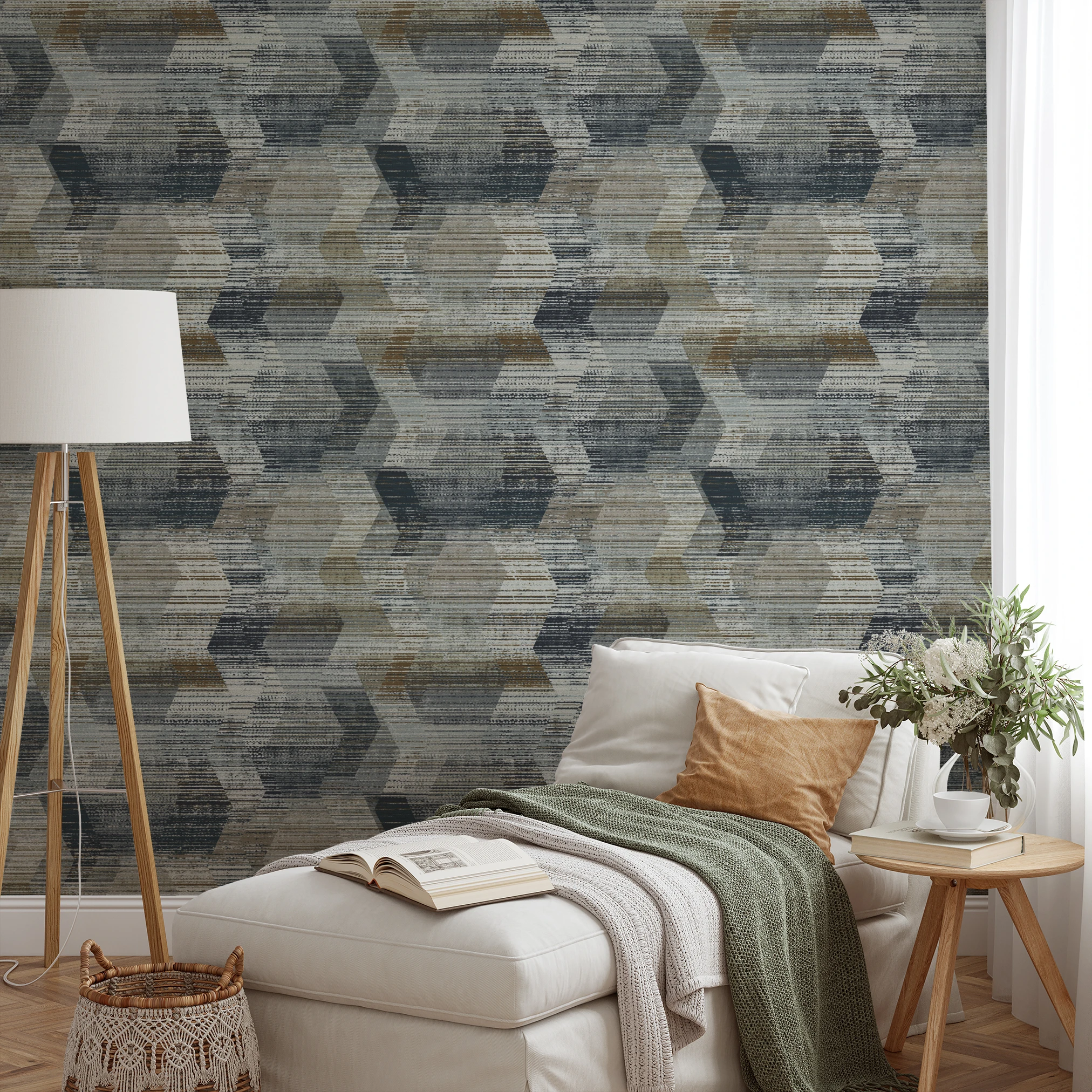 Abstract geometric pattern with horizontal lines in gray, beige, and cream tones creating a distress