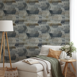 Abstract geometric pattern with horizontal lines in gray, beige, and cream tones creating a distress