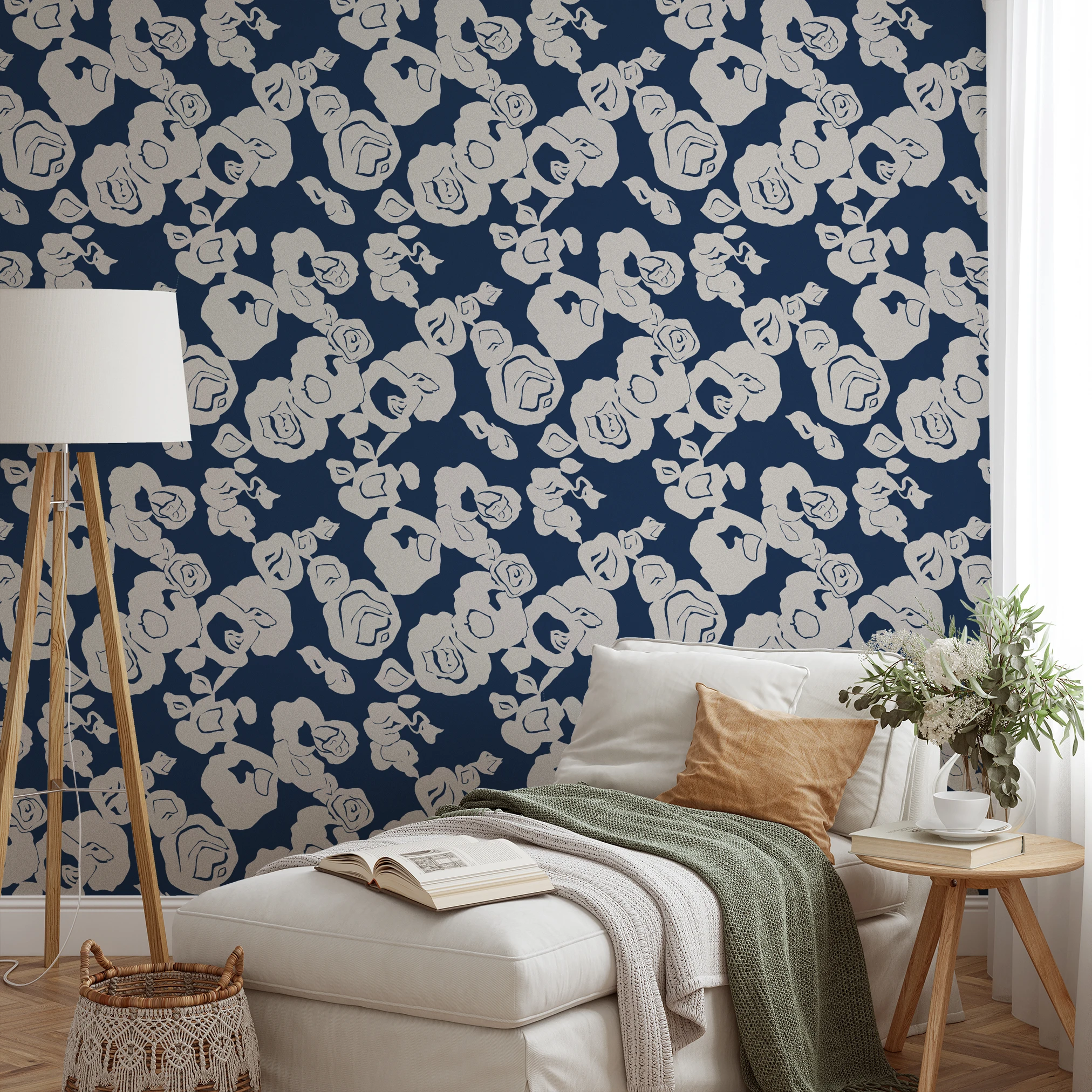 White roses pattern on dark navy blue background