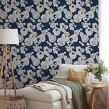 White roses pattern on dark navy blue background