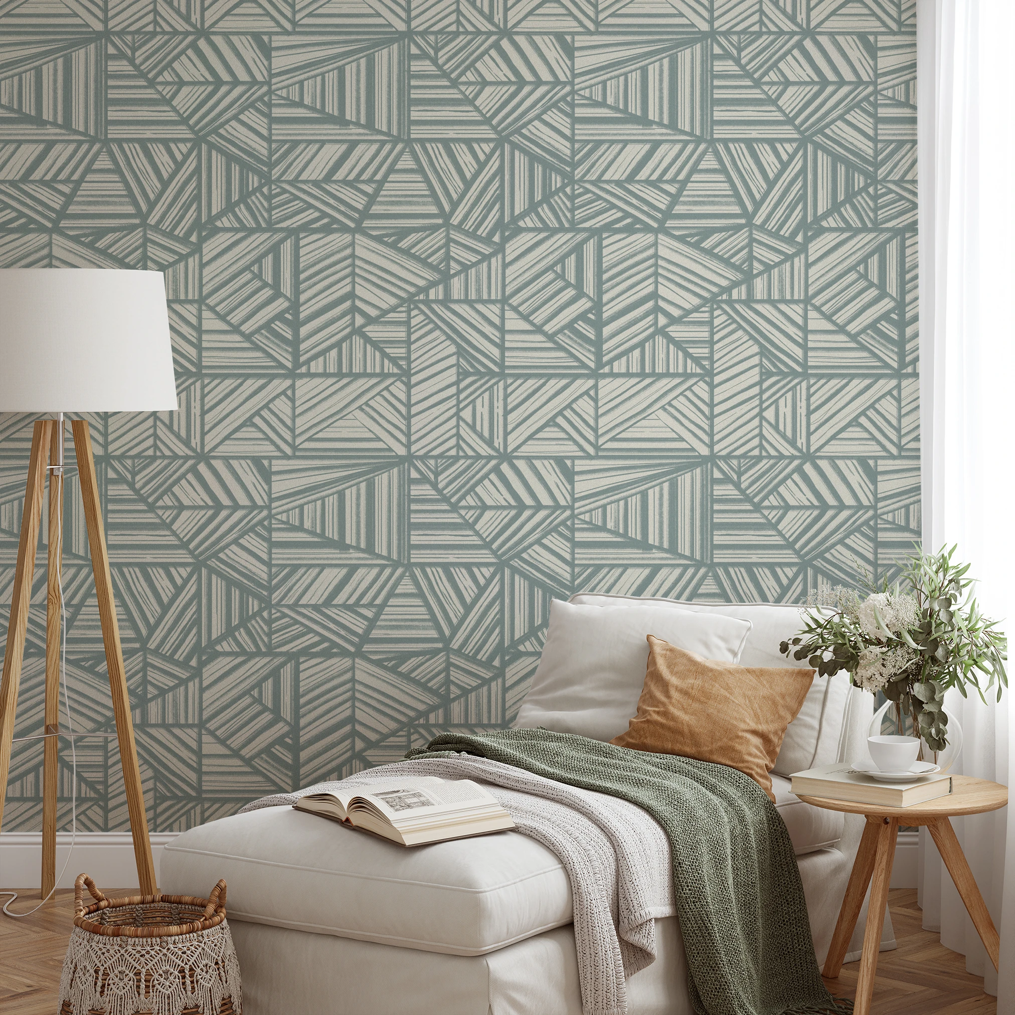 Gray and white geometric pattern with intersecting angular lines and stripes forming abstract triang