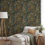 Autumn oak leaves and acorns pattern in gold, brown, and blue-gray tones