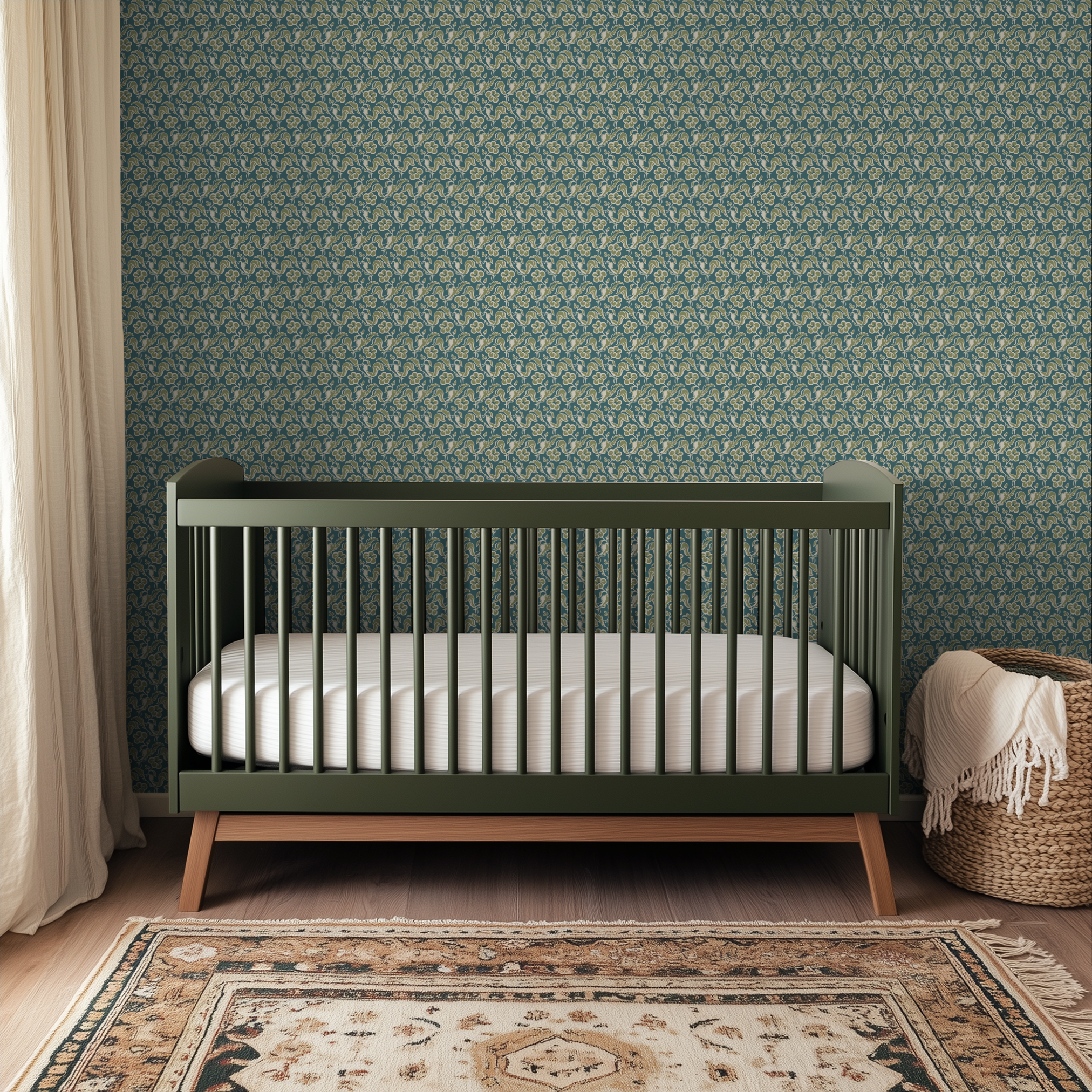 Teal background with flowing cream and olive green Art Nouveau floral pattern