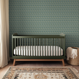 Teal background with flowing cream and olive green Art Nouveau floral pattern