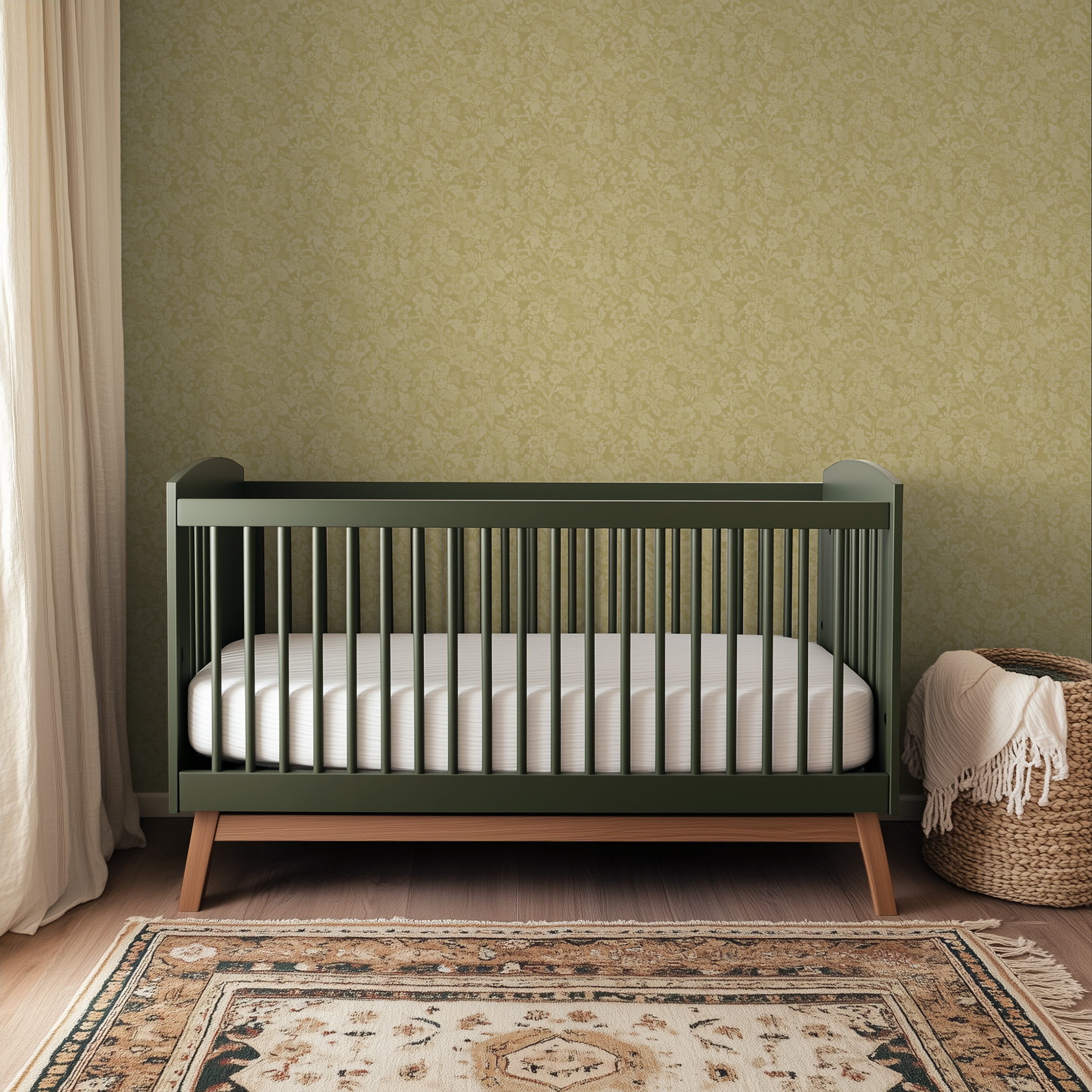Gold damask wallpaper with ornate floral and scroll pattern in tone-on-tone design
