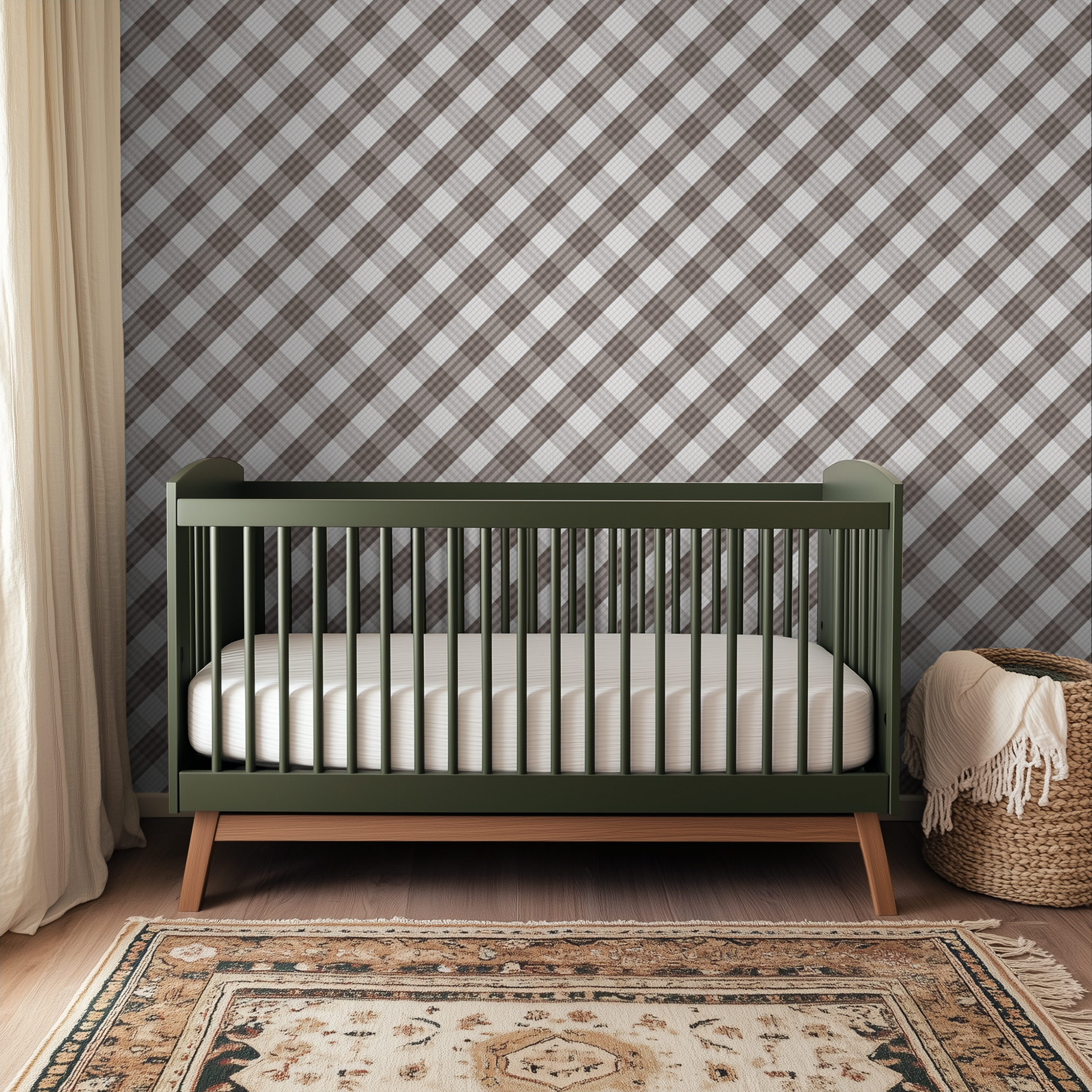 Diagonal plaid pattern in brown, gray, and white striped bands creating a crosshatch design