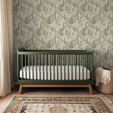 Delicate botanical pattern with ferns, trees, and wildflowers in green, gold, and gray on cream back