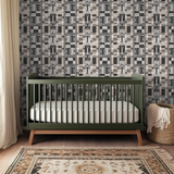 Geometric pattern with gray, beige, and black rectangles, stripes, and decorative scrollwork in vert