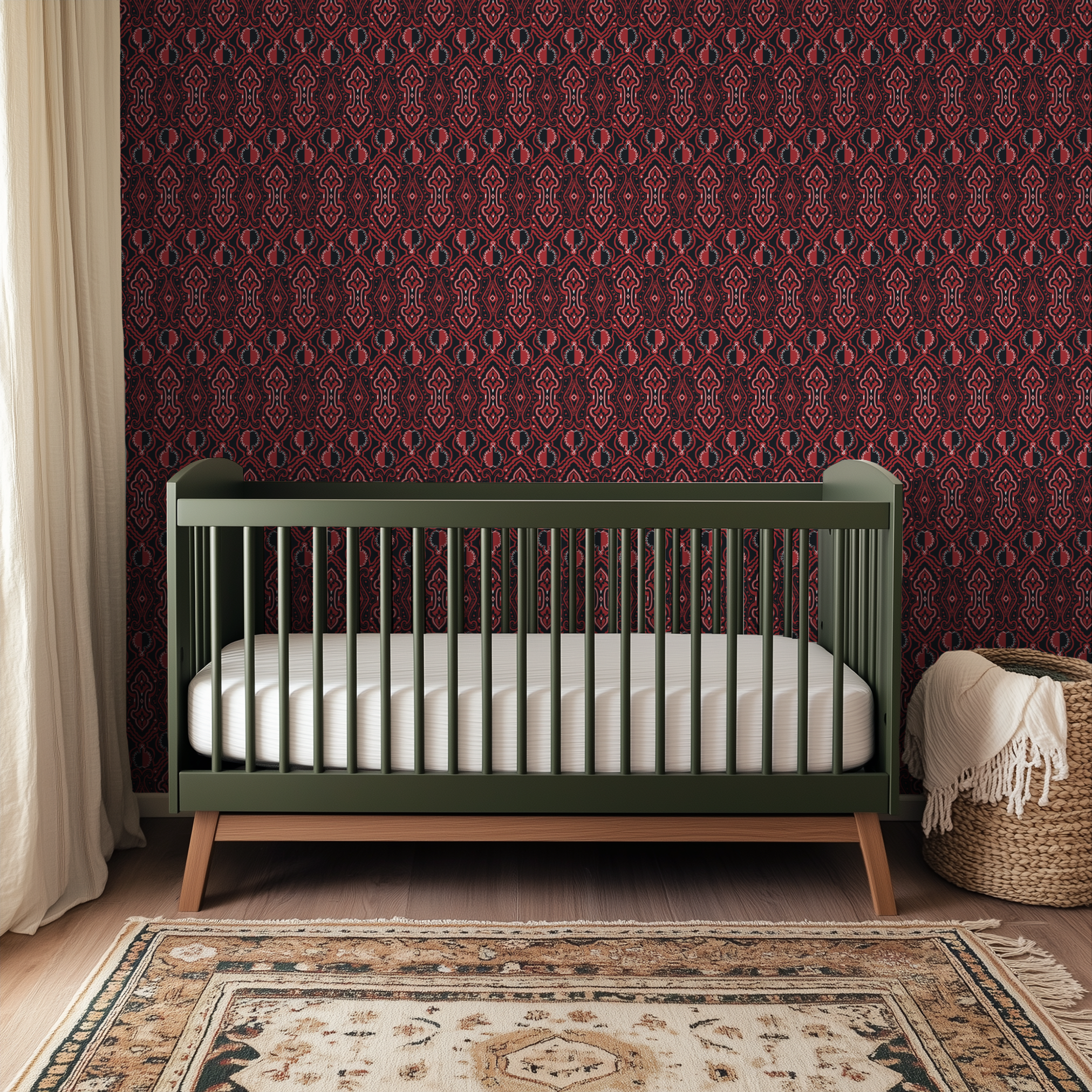 Intricate red, black and white symmetrical damask pattern with ornate curves and geometric shapes