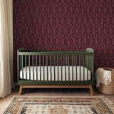 Intricate red, black and white symmetrical damask pattern with ornate curves and geometric shapes