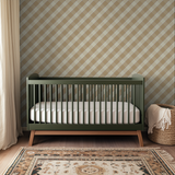 Diagonal plaid pattern in muted earth tones of beige, brown, tan, and sage green stripes